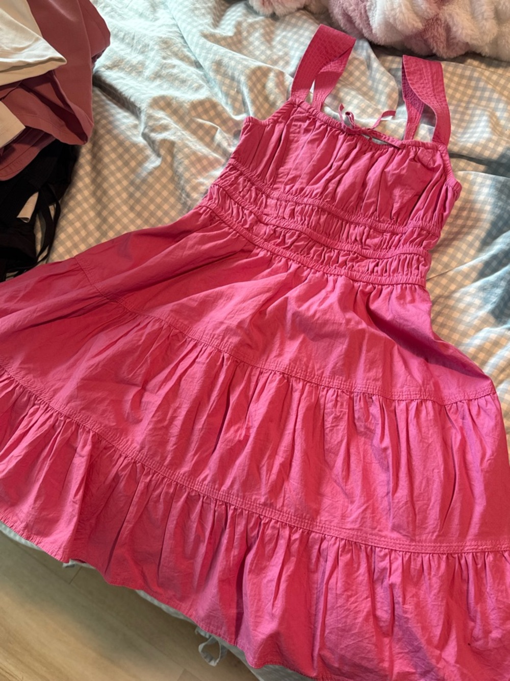 Aritzia Bright Pink Tiered Sundress with Smocked Bodice